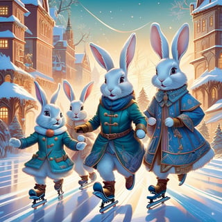 Illustration of a cute rabbit family ice skating together on christmas day, by Ivan Bilibin and peter mohrbacher, james jean and anna dittmann, character design, digital illustration, awesome background, 8k resolution