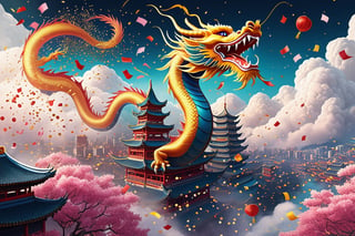 "A chinesedragon dissolving into confetti as it flies high over the city", emphasize the beautiful winding shape of the dragon and it’s movement, above clouds and floating lanterns, falling glitter, new years, beautiful and ethereal, surrealism digital illustration, gorgeous linework, fluid movement 
