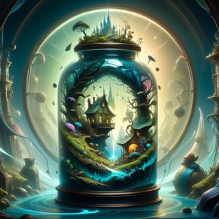 Time in a bottle, macro art terrarium jar, showcase intricate designs, by Ivan Bilibin and peter mohrbacher, anna dittman and james jean, nicolas delort and yoshitaka amano and dan mumford, character design, digital illustration, awesome background, 8k resolution, Mysterious breathtaking borderland fantasycore artwork by Android Jones, Jean Baptiste monge, Alberto Seveso, Erin Hanson, Jeremy Mann. maximalist highly detailed and intricate professional_photography, a masterpiece, 8k resolution concept art, Artstation, triadic colors, Unreal Engine 5, cgsociety, ,d1p5comp_style,Decora_SWstyle