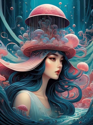 pop surrealism comic art of a woman wearing a jellyfish as a hat, underwater, beautiful illustration by yoshitaka amano, dan mumford, Nicolas delort, jeff koons, photorealism, crisp, UHD, fantasy, gorgeous linework, inspired by James jean, a complex and intricate masterpiece, cel-shaded, clean and sharp, low brow art, Magazine, pixiv contest winner, bold flowing lines, the art of animation, stylized, flowing, detailed heavy lined line art style, illustrative storybook painting, cel-shading, flowing lines,Decora_SWstyle