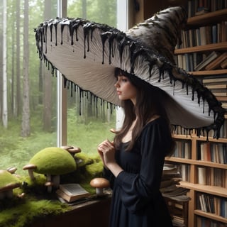 A girl with a extra wide brim drippy inkycapwithyhat with long coprinus comatus drips on her hat, standing in a bookstore, window looking out to mossy forest, coprinus_comatus,InkyCapWitchyHat,