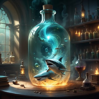 Radial design, a Fairytale illustration Action painting, "Trapped in a bottle!!!" Is an ethereal, ominous radioluminescent shark ghost, in an alchemy lab, alchemical sparks, specimens, atmospheric perspective, horror fantasy, detailed alchemy lab background, 8k resolution, behance, Artstation, photorealistic anime visual, alberto seveso, jordan grimmer, inspired by mtg artists and charlie bowater and da vinci, cool detailed background, sharp focus, emitting diodes, smoke, sparks, by pascal blanche rutkowski repin artstation, waterpunk ghost shark, bubbles