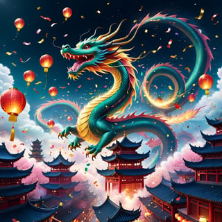 "A chinesedragon dissolving into confetti as it flies high over the city", confetti dragon, emphasize the beautiful winding movement of the flying dragon, above clouds and floating lanterns, falling glitter, new years, beautiful and ethereal, surrealism digital illustration, gorgeous linework, fluid movement 