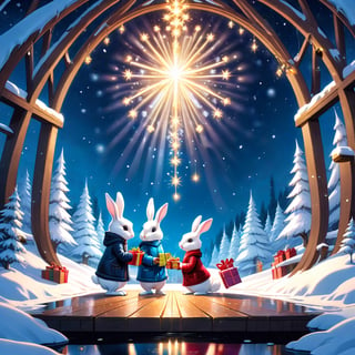 (masterpiece), Winter style, Rabbits exchanging gifts in a snowy wonderland, illumination background, reflections, sparkling, christmas scene, beautiful digital illustration by yoshitaka amano, dan mumford, Nicolas delort, jeff koons, photorealism, crisp, UHD, fantasy, gorgeous linework, a complex and intricate masterpiece, cel-shaded, clean and sharp