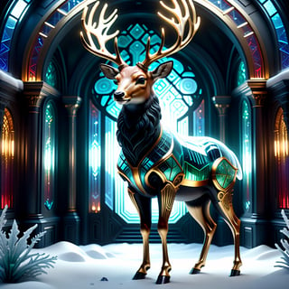 Winter theme, christmas deer, snow, Style arte of photorealistic anime Futuristic perfect full body deer made of frozen mask glase(((full body))) organic with gold and green neon metal, black bioluminescence, full body. cinematic, hyper realism, high detail, octane render. 64k.cathedral biopunk, snow dusted Plants and flowers, luminescent translucent ghostly glass fantasy ethnic geometric pattern by Gustav Klimt blue and red and black and gold, Hyper detailed ornate hologram media room, glowing translucent hologram movie screen playing scene from the movie Blade Runner, (masterpiece, high resolution, surrealism, moonligth, Escher's intricate design. Vivid colors merge with Escher's signature style, blurring the lines between fantasy and science fiction., unreal engine, greg rutkowski, loish, rhads, beeple, makoto shinkai and lois van baarle, ilya kuvshinov, rossdraws, tom bagshaw, alphonse mucha, global illumination, detailed and intricate environment, By Marc Simonetti and Hirohiko Araki and Yoji Shinkawa, , DonMFr0stP4nkXL, ice,