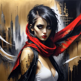 breathtaking portrait of a gorgeous cyberpunk girl, red scarf, hiding in a futuristic city, dark gold and black, gossamer fabrics, jagged edges, eye-catching detail, insanely intricate, vibrant light and shadow , beauty, paintings on panel, textured background, captivating, stencil art, style of oil painting, modern ink, watercolor , brush strokes, negative white space,Decora_SWstyle,art_booster