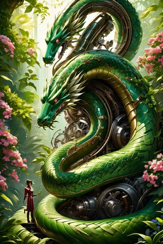 Digital illustration capturing a figure poised confidently before an immense (mechanical serpent:1.4), the robot snake's interlocking metal vertebrae intricately entwined with thriving blossoms and verdant flora, contrast of organic and synthetic, bloomcore aesthetic, shadows playing across the scene, sense of an untold story, dramatic lighting, ultra fine details, cinematic quality