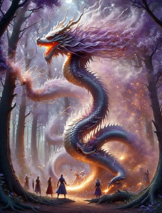 Fantasy action scene, (("Group of women priestesses!! magically summoning 1dragon!! Western Spirit Dragon made of swirling_liquid_metal and lavenderblooms!!")), ((("dissolving dragon!!"))), on a full moon night in a supernatural forest, Metallic_Vexing_Violet_color accents, magic, soft lighting, sharp focus, by Marc Simonetti & yoji shinkawa & wlop & james jean, nekroxiii, paint drops, rough edges, trending on artstation, studio photo, intricate details, highly detailed, moonrays, detailed brushwork, illustration, epic perfect composition, energetic, dan mumford and anna dittmann, DragonConfetti2024_XL,DragonConfetti2024_XL