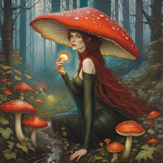 Rebecca guay and android jones and van gogh, A small fairy and dragon is in the forest in the rain shielding hemselves under a large red caped mushroom 