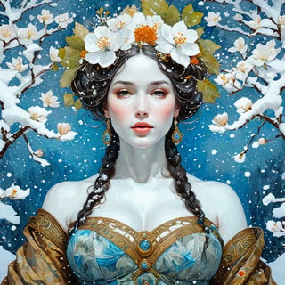 realistic and detailed portrait of a unique winter goddess wearing garments of sculpted snow and ice handing snow with the first blossom of spring to a goddess of spring clothes in garments of living vines and foliage and flowers, representing the cycle of seasons as it is handed from one to another, captivating, high definition, realism with added fine art stylization and character design, Van Gogh, Conrad Roset, Yoji Shinkawa, Ashley Wood, da Vinci, maximalism fantasy illustration, whimsical and lifelike, surreal. inspired by juxtapoz and hi-fructos and artstation concept art style