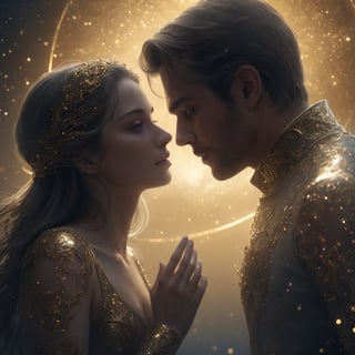  Close up of a woman and a man meeting on a mysterious moonlit night,  mystic_fog,  falling gold dust,  photorealistic,  concept art,  8k uhd wallpaper,  octane render,  luminous,  lushill,  shiny aura : highly detailed : intricate motifs : organic tracery : perfect composition : digital painting : artstation : smooth : sharp focus : sparkling particles