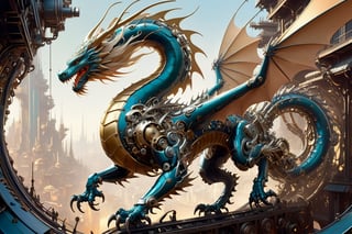 A mechanical dragon, with unraveling metal parts, a Magicpunk paradise world by greg tocchini and slawomir maniak, Hajime Sorayama, nekroxiii, pop surrealism, low brow art, crisp, gorgeous linework, clean and sharp, beautiful flowing lines, adventure and wonder,DragonConfetti2024_XL