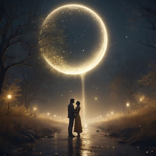 Woman and a man meeting on a mysterious moonlit night,  mystic_fog,  falling gold dust,  photorealistic,  concept art,  8k uhd wallpaper,  octane render,  luminous,  lushill,  shiny aura : highly detailed : intricate motifs : organic tracery : perfect composition : digital painting : artstation : smooth : sharp focus : sparkling particles