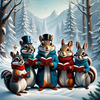 Winter style, a group of adorable animal christmas carolers, woodland-animals-choir, holiday caroling costumed woodland critters, unique characters, squirrel, rabbit, raccoon, chipmunk, in a snowy winter wonderland, holiday theme christmas aura, 3D, fine line art, 2d cute, digital surrealism illustration, perfect flowing composition, beautiful digital illustration by yoshitaka amano, dan mumford, Nicolas delort, jeff koons, photorealism, crisp, UHD, fantasy, gorgeous linework, a complex and intricate masterpiece, cel-shaded, clean and sharp