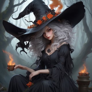 a witch drinking tea in a alchemy lab!!!, colorful steam rising from the teacup, she is wearing a sexy black and purple lace dress, (and wearing an inkycapwitchyhat with a dripping brim!! Prominent mushroom-style-gills under the brim:0.6), lots of jewelry, warm light but bluetoned mystical fog, cauldron, herbs, hanging herbs, stylized smoke, magical glow, ((colorful bioluminescence potion bottles carefully arranged on a shelf)), scrolls books and knick-knacks, owl perched over the top shelf, mystical mood, atmospheric perspective, soft cinematic light, sharp focus, intricate and complex masterpiece, cgsociety and artstation award-winning concept art style,InkyCapWitchyHat, Decora_SWstyle, gilled-brim, extra wide hat brim