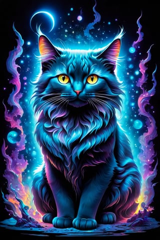 Bioluminescence cat. 8k resolution holographic astral cosmic illustration mixed media by Pablo Amaringo,Leonardo Style