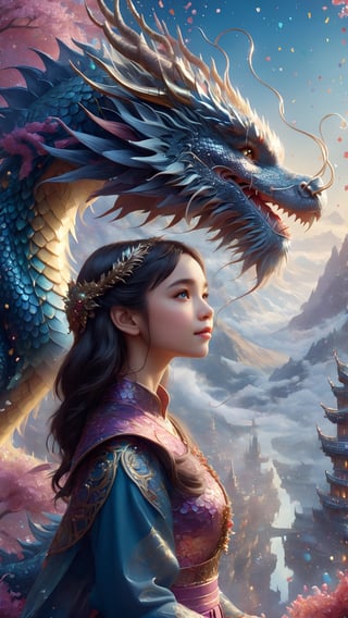 Close up scene of "1girl looking up at a Majestic dragon", ornate, elegant, scenic, glitter, texture shift,DragonConfetti2024_XL