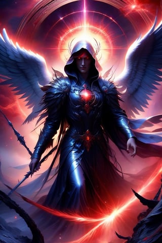 create fallen archangel,detailed angel wins, bloodlust, red glowy eyes, eerie, creepy, nightmarish, very bright colors, light particles, wallpaper art, cosmic energy,high detailed,Decora_SWstyle