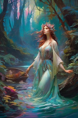 (Slavic water spirit) rusalka in water; Ben Bauchau, Michael Garmash, Daniel F Gerhartz, Clint Cearley, Carne Griffiths, Jean Baptiste Monge, Alphonse Mucha, dreamy moonlighting, matte background, volumetric lighting, pulp adventure style, fluid acrylic, dynamic gradients, bold color, highly detailed, simple, smooth and clean vector curves, no jagged lines, vector art, smooth, johan grenier, character design, 3d shadowing, fanbox, cinematic, ornate motifs, elegant organic framing, hyperrealism, posterized, masterpiece collection, bright lush colors, TXAA, penumbra, alcohol paint, wet gouache