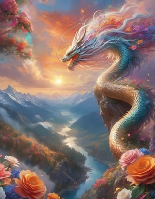 create a artistic artwork portraying of a beautiful woman climbing a dragon, she has flowy orange-fading-into-white hair with colorful flowers cascading out of it, colorful rendition, ultradetailed face, 8k UHD, professional results ,arcane,ColorART, sharp focus on face, wide-angle sky view with wispy clouds ,EpicSky, golden hour, close-up, mountain views,DragonConfetti2024_XL