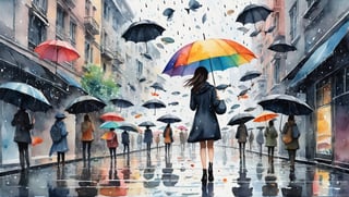 Complex watercolor vector painting on negative space, rainy day, busy crowded sidewalk with people carrying black umbrellas, fish raining from the sky, one girl with a colorful umbrella looks upwards, she reaches out a hand trying to catch a falling fish, intricate composition, meaningful, imaginative realism, realistic, watercolor, highly detailed, artstation devianart pixiv award-winning artwork