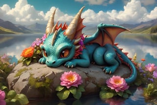Portrait of an adorable mythical beautiful baby dragon, large eyed dragon sleeping next to a lake, curled up sleeping adorably, vibrant flowers, clouds, anime, maximalist fantasy background, gorgeous eyes, hyper detailed eyes, 3d, deviantart, a masterpiece, deep depth of field, Craig Mullins, perfect composition, intricate motifs, Edwin Landseer