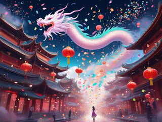 in dreamy soft hues, aesthetic fantasycore art, "cute adorable confetti cloud chinese-dragon dissolving into confetti, confetti falling", over a chinese new year city, fairytale concept art, eldritch, line art, starry background, dreaminess, digital surrealism illustration, lowbrow art movement, exquisite illustration, hauntingly beautiful art, amazing movement, perfect flowing composition, leading lines, illusions, reflections, subsurface scattering Meaningful Visual Art, masterpiece, impossible dream