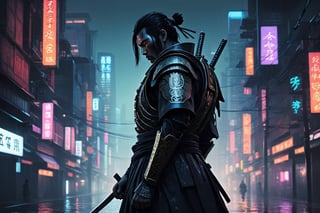 In the depths of a mythopoeic noir-inspired virtual realm, a brooding samurai with a mysterious past emerges, his dark silhouette emblazoned against a neon-lit cityscape. This awe-inspiring image, a digitally rendered painting, captures the gritty essence of a futuristic cyberpunk metropolis. The samurai's sleek armor glimmers with a metallic sheen, adorned with intricate runes that hint at hidden power. His stoic face is shadowed, yet piercing silver eyes glow with steely determination. As the rain cascades down, bouncing off his gloomy visage, the viewer is drawn into a mesmerizing world where myth and technology converge in captivating harmony.
