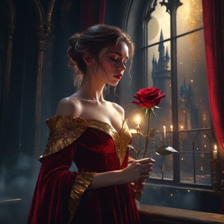 Belle holding a delicate red rose ultra shiny gold dust on the velvet petals,  mysterious moonlit night, standing in the beauty and the beast castle,  luminous,  light through velvet curtains,  mystic_fog,  falling gold dust,  fantastical,  photorealistic,  artstation,  concept art,  8k uhd wallpaper,  octane render,  luminous,  lushill,  shiny aura : highly detailed : intricate motifs : organic tracery : by Android jones : Carne Griffiths : Russ mills : Januz Miralles : Hikari Shimoda : W. Zelmer : perfect composition : digital painting : artstation : smooth : sharp focus : sparkling particles