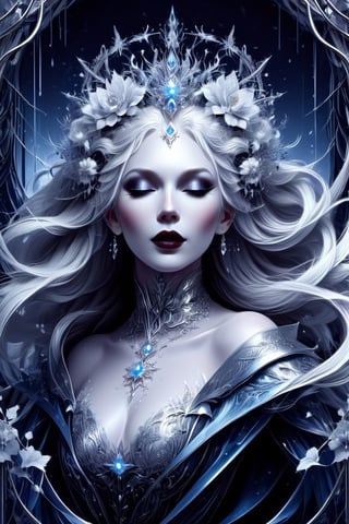 Ghostly woman, extremely white skin, albino hair, light grey eyes, flowers and vines, ((midshot)), silver accents, ice queen, icy diamonds, glossy lips, snowflakes, frosted, blue lips, ultra sharp focus, ultra clear, ultra fine, art deco patterns bold-gold-lines flat-shapes, vector painting,DarkSynth,d1p5comp_style