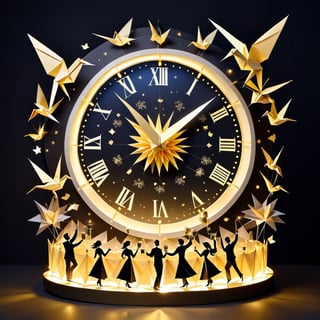 New years countdown clock with origami scenes surrounding it, passing time, new years celebration, people toasting champagne, beauty and memory and love and laughter and light, a few seconds before midnight