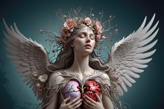 Hypermaximalist, digital illustration, complex composition, maximalist, intricate, a woman with wings and flowers in her hair, nekro xiii, luminous veins, artery, anthropomorphic female, lament, transhumanist, anatomically correct heart, artistic render, 3 d render of a full female body, broken hearted, anthropomorphic,more detail XL,DonMD3m0nXL ,oil paint ,Decora_SWstyle,art_booster,3y3l3ss1s,d1p5comp_style