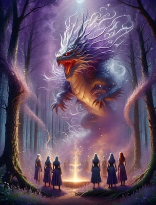 Fantasy action scene, (("(Group of women priestesses!!:1.3) magically summoning 1dragon!! (Western Dragon:1.5) made of swirling_liquid_metal and lavenderblooms!!")), ((("dissolving dragon!!"))), on a full moon night in a supernatural forest, Metallic_Vexing_Violet_color accents, magic, soft lighting, sharp focus, by Marc Simonetti & yoji shinkawa & wlop & james jean, nekroxiii, paint drops, rough edges, trending on artstation, studio photo, intricate details, highly detailed, moonrays, detailed brushwork, illustration, epic perfect composition, energetic, dan mumford and anna dittmann, DragonConfetti2024_XL