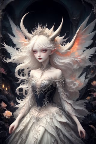Ultra Realistic,
1 girl, (masterful), albino demon fairy, dark magic, Devil soul, Jinn, Demon, divine, clean skin, particles of lighting, multi color lighting fairy, (demon horns:1.2),
In her elegant attire, the albino demon girl embodies an enchanting blend of dark allure and Rococo refinement,meticulously crafted with cascading layers of lace, features a corseted bodice that accentuates her slender waist. Delicate silver embroidery adorns the edges of the gown, tracing ethereal patterns reminiscent of dragon scales.

The off-the-shoulder sleeves, Each sleeve is intricately detailed with feather-light lacework, resembling the delicate wings of a dragon,
Completing her look, the albino demon girl wears a silver tiara adorned with small dragon-shaped motifs,
A motley and decadent nightclub background,
, ,lis4,cutegirlmix,Christmas Fantasy World,renny the insta girl,Decora_SWstyle