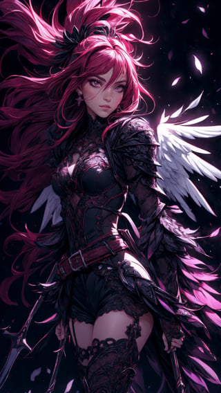 dynamic angle, warrior gothic fallen angel with a spear, Bioluminescent_feathers, thigh high armor boots, belt, long black Pony_tail, purple_maroon_eyes, fierce ::: hyper emotional, exciting,
rim lighting, spotlight, dark theme, dimly lit, low key, (masterpiece, intricate, highly detailed, best quality) ::: conceptual, aesthetic portrait,1 girl