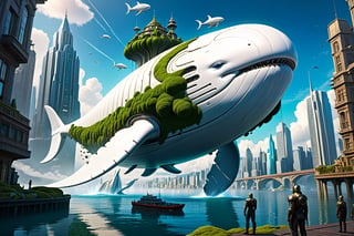 cute giant white robot whale with moss growing on it, floating cloud clear sky, building,futuristic  city view, amazing, glowing, fantasy, something that even doesn't exist, mythical being, sf, intricate artwork masterpiece, ominous, matte painting movie poster, golden ratio, trending on cgsociety, intricate, epic, trending on artstation, by artgerm, h. r. giger and beksinski, highly detailed, vibrant, production cinematic character render, ultra high quality model