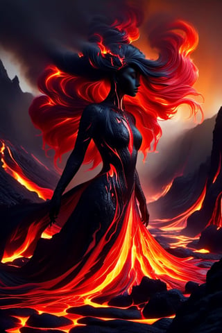 Dark fantasy surrealism :: ominous Inhuman Goddess made of molten lava :: cracks in the skin revealing a fiery glow, it looks rough and uneven, hard and brittle, her body is made of black rock with glowing red cracks :: her hair is like a stream of liquid lava, flowing down the back and dripping to the ground , molten_liquid_lava_hair dripping down :: she is crouching on a rocky surface, emerging from a volcanic eruption ::  rocky landscape with a fiery sky, lava flows and smoke, warm colors :: fiery and intense mood, dark and ominous mood :: lit from below, creating a sense of drama and intensity, illuminated by the fire and the smoke :: dynamic and powerful composition, imposing :: high level of detail, focus on the figure, background out of focus, epic dof :: fantasy art, gothic art, cgsociety :: lava and fire goddess made of black rock and flames,Decora_SWstyle,ral-lava