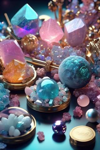 Knolling of minerals , shiny pastel, lights bokeh, photorealistic, canon, 50mm lens --v 4, Beautiful amazing fantasy detailed graphic art. Rococo, cyberpunk. Vibrant. concept art, Trending On Arts ration, ray-tracing reflections, radiant, HDR, octane render, masterpiece 4k amazing backgrounds shine atmosphere ,Decora_SWstyle