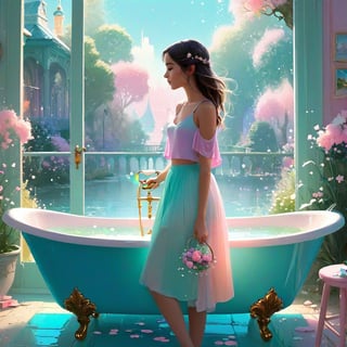 Pastel color palette, bathed in dreamy soft pastel hues || A day in a fairytale, painted by pascal campion and Slawomir Maniak, detailed matte painting, fantastical, intricate detail, splash screen, complementary colors, fantasy concept art, 8k resolution trending on Artstation || impossible dream, pastelpunk aesthetic fantasycore art, vibrant soft pastel colors