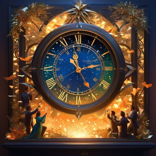 ((New years countdown clock seconds to midnight, with origami kirigami scenes surrounding the edges of the clock frame, magical, passing time, new years celebration, people toasting champagne, beauty and memory and love and laughter and light)), nostalgic, happy, love, mtg artists, da vinci, photorealistic concept art, expressive, dynamic, unreal engine, greg rutkowski, loish, rhads, beeple, makoto shinkai and lois van baarle, ilya kuvshinov, rossdraws, tom bagshaw, alphonse mucha, global illumination, detailed and intricate environment