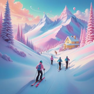 Pastel color palette, in dreamy soft pastel hues, pastelcore, pop surrealism poster illustration ||  a group of people riding skis down a snow covered slope, candy land, behance award winner, hi - fructose, pastelwave, piping, otherworldly fantasy, blowing bubblegum, whipped cream, 8k comic art, chromal aberration, nathan fowkes || bright hazy pastel colors, whimsical, impossible dream, pastelpunk aesthetic fantasycore art, beautiful soft pastel colors