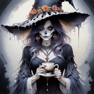 breathtaking portrait of a gorgeous santa muerte witch holding a cup of steaming coffee, anna dittmann, logo art, radial framing, cinematic colors, gossamer fabrics,sharp focus, jagged edges, fluid movement, eye-catching detail, insanely intricate, vibrant light and shadow , beauty, paintings on panel, textured background, captivating, stencil art, style of oil painting, modern ink, watercolor , brush strokes, negative white space,a1sw-InkyCapWitch