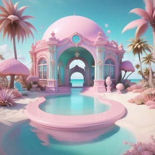 Pastel color palette, bathed in dreamy soft pastel hues, pastelcore, pop surrealism poster illustration || surrealist digital rendering of a dreamy beach island oasis, amidst a baroque-inspired pastel scene, swirling vortexes, dripping paint, incorporeal luminous saccharine, bold tonal contrasts, color harmony, dramatically lit, volumetric proportions, ultra detailed, playfully characterized, 3D. Weirdfiction || bright hazy pastel colors, whimsical, impossible dream, pastelpunk aesthetic fantasycore art, beautiful soft pastel colors