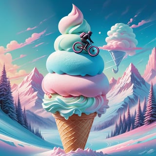 Pastel color palette, in dreamy soft pastel hues, pastelcore, pop surrealism poster illustration ||  a person riding skis on top of an ice cream cone, ( ( ( ( ( dan mumford ) ) ) ) ), stylized layered shapes, chambliss giobbi, blue and pink color scheme, greg beeple, frostbite, summer season, artgram || bright hazy pastel colors, whimsical, impossible dream, pastelpunk aesthetic fantasycore art, beautiful soft pastel colors