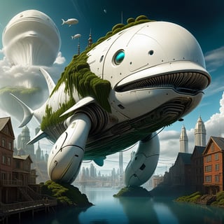 cute giant white robot whale with moss growing on it, floating cloud clear sky, building,futuristic  city view, amazing, glowing, fantasy, something that even doesn't exist, mythical being, sf, intricate artwork masterpiece, ominous, matte painting movie poster, golden ratio, trending on cgsociety, intricate, epic, trending on artstation, by artgerm, h. r. giger and beksinski, highly detailed, vibrant, production cinematic character render, ultra high quality model