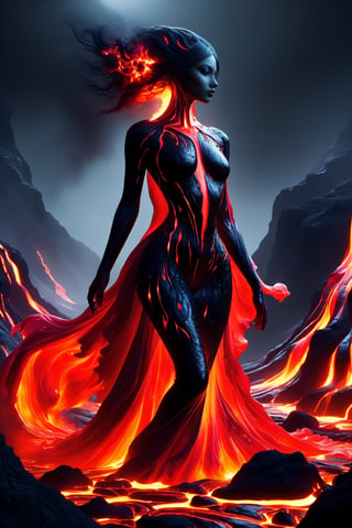 Dark fantasy surrealism :: ominous Inhuman Goddess made of molten lava :: cracks in the skin revealing a fiery glow, it looks rough and uneven, hard and brittle, her body is made of black rock with glowing red cracks :: her hair is like a stream of liquid lava, flowing down the back and dripping to the ground , molten_liquid_lava_hair dripping down :: she is crouching on a rocky surface, emerging from a volcanic eruption ::  rocky landscape with a fiery sky, lava flows and smoke, warm colors :: fiery and intense mood, dark and ominous mood :: lit from below, creating a sense of drama and intensity, illuminated by the fire and the smoke :: dynamic and powerful composition, imposing :: high level of detail, focus on the figure, background out of focus, epic dof :: fantasy art, gothic art, cgsociety :: lava and fire goddess made of black rock and flames,Decora_SWstyle,ral-lava