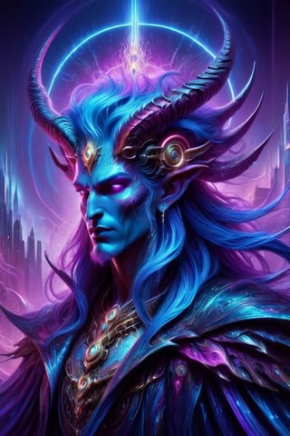 Detailed illustration Drenched in neon hues and exuding an aura of mystique, a charismatic  enchanter with intricate horns and flowing electric blue hair with pink highlights where the light hits and glowing iridescent eyes captivates the viewer. This digital image, resembling a meticulously detailed painting, showcases the enchanter standing amidst a bustling cyberpunk cityscape. Every pixel is saturated with vivid colors, creating a mesmerizing contrast between darkness and light. The enchanter's intricate attire shimmers with holographic patterns, hinting at their otherworldly powers. This stunning depiction immerses viewers in a futuristic world where magic and technology intertwine seamlessly.,art_booster,Decora_SWstyle,DarkSynth,d1p5comp_style