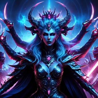 1girl, perfect face, Dark synth war deity, deified queen, empress, many arms, holding magic, holding swords, army of the dead behind her, epic, digital illustration painting, perfect composition, blue and pink horrorcore scifi synth art painting,more detail XL