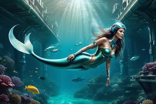 Robot mermaid with a metal bionic tail, the mermaid is a sci-fi creature that is a result of genetic engineering and cybernetics. The mermaid has a metallic and sleek body, a fin and a sleek mechanical tail, and a helmet and a visor. The scene reveals the mermaid swimming in a futuristic underwater city, while communicating with a hologram.