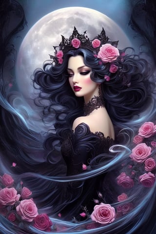 Gothic fairytale, paint flow, elegant, haloed by the moon, roses, swirling lines, Decora_SWstyle,detailmaster2